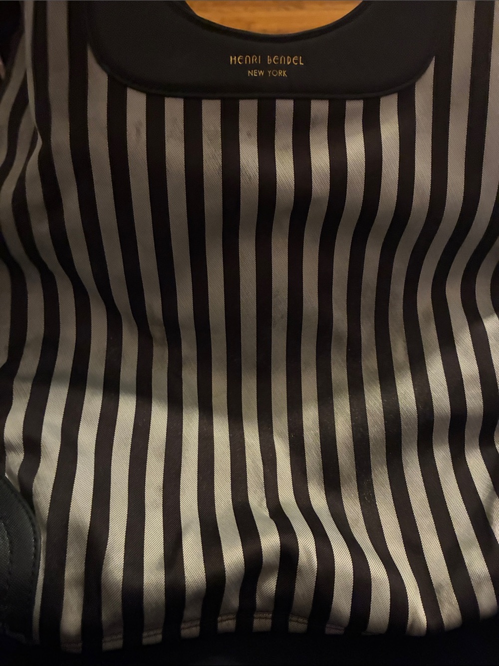 henri bendel Black and White Vertical Stripe Tote with Logo Trim